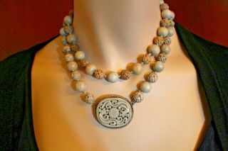 Vintage Chinese Sterling and Carved Soapstone Bead Necklace 31 Inches Long 2