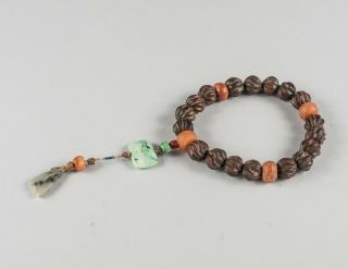 Chinese Antique Carved Agarwood & Agate Prayer Beads