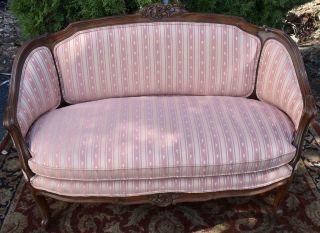 1920s French Louis Xv Carved Mahogany Small Love - Seat Sofa,  Spring Seat