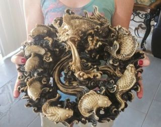 Antique Vintage Japanese Water Dragon & 8 Koi Fish Statue Large 1ft 3 Inch Round