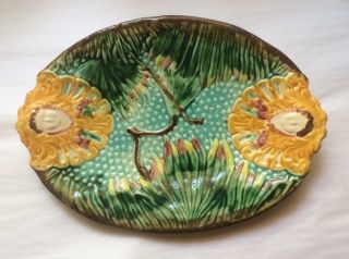 Platter Antique Majolica French Polynesian Head Dress & Tropical Leaves C.  1800 