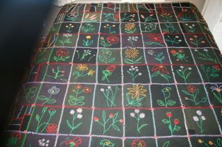 Antique Wool Block Quilt With Silk Bohemian Backing Hand Embroidered Heavy Old