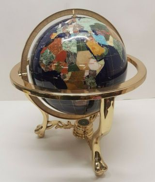 14 " Gemstone Lapis Globe Handcrafted Semi - Precious Stones Set In Brass Stand