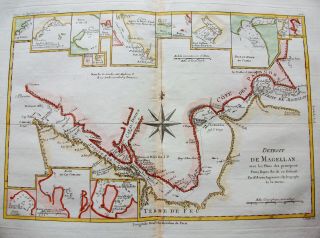 1789 BONNE - rare map of SOUTH AMERICA,  STRAIT of MAGELLAN,  CHILE,  PATAGONIA. 2