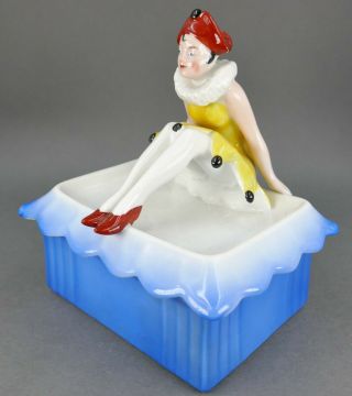 Antique German Art Deco Bavaria Porcelain Court Jester Beauty Doll Dresser Box