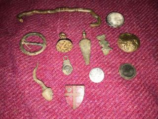 12 Metal Detecting Finds - Badge With A Cross - Purse Bar - Brooch - Fob Seal,