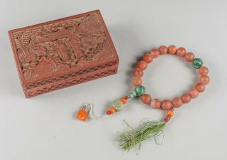 19th Manchu Style Chinese Antique Agate Prayer Beads With Cinnabar Box