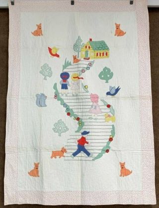 Sweet Vintage c 30s School House STORYBOOK Applique Crib Quilt 2