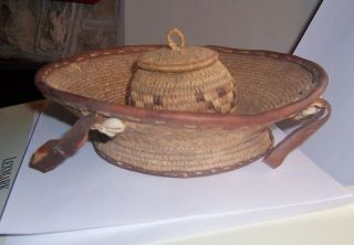 Antique Native American Basket Gift Bowl.  Shell And Hide Trim Along With Small 1