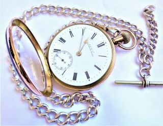 Antique Waltham Mass 14ct Solid Gold Men ' s Pocket Watch & Sterling Silver Chain 11