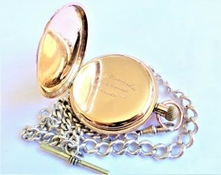 Antique Waltham Mass 14ct Solid Gold Men ' s Pocket Watch & Sterling Silver Chain 5