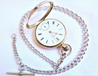 Antique Waltham Mass 14ct Solid Gold Men ' s Pocket Watch & Sterling Silver Chain 8