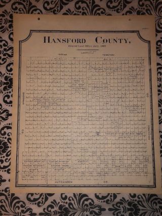 1902 Hansford County Texas Map Land Office Austin Blue Line Antique Vintage