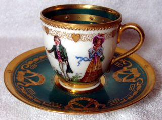 A Ambrosius Lamm Dresden Antique Green Hand Painted Courting Couple Cup & Saucer