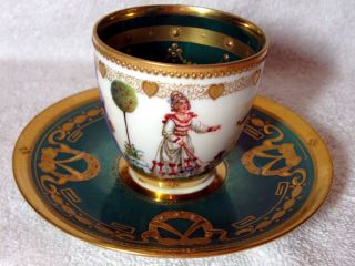 A Ambrosius Lamm Dresden Antique Green Hand Painted Courting Couple Cup & Saucer 2