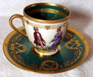 A Ambrosius Lamm Dresden Antique Green Hand Painted Courting Couple Cup & Saucer 3