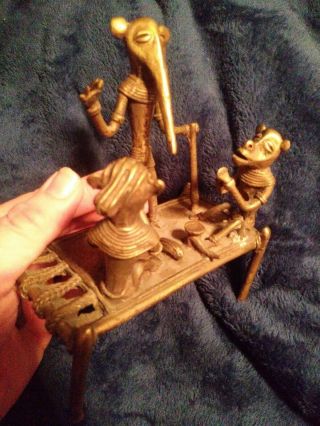 Rare - complex OLD African Akan Gold Weight Brass - mythology scene on table bed 4