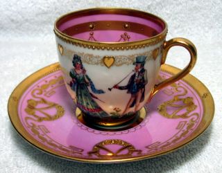 A Ambrosius Lamm Dresden Antique Pink Hand Painted Courting Couple Cup & Saucer