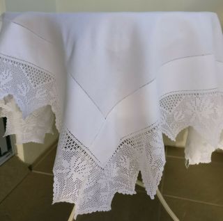 Dainty White Antique Irish Linen Tablecloth Hand Crochet Lace Edge High Tea