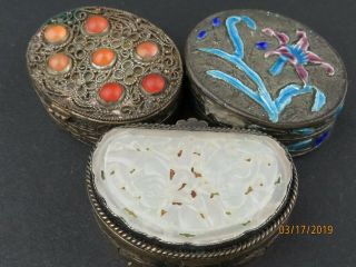 Antique Chinese Qing Jade Silver Enamel Pill Opium Snuff 3 Boxes