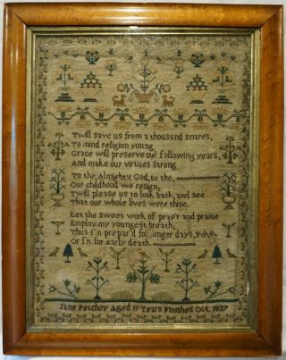 Early/mid 19th Century Verse & Motif Sampler By Jane Petchey Aged 11 - 1837