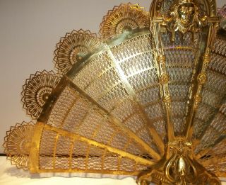 Antique Ornate Brass Peacock Fireplace Fan Folding Screen Gothic Victorian Lady 2