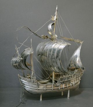 Realistic Fine Collectible Marked Spanish Solid Silver Sailing Ship Columbus