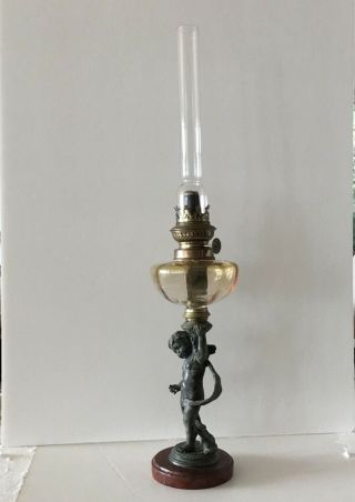 Art Nouveau Oil Lamp Spelter Figural Cherub Putti Vintage Antique French 19th C