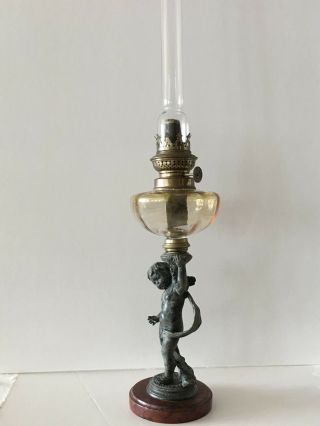 ART NOUVEAU OIL LAMP SPELTER FIGURAL CHERUB PUTTI VINTAGE ANTIQUE FRENCH 19TH C 2
