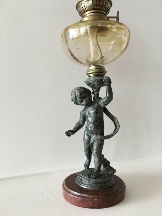 ART NOUVEAU OIL LAMP SPELTER FIGURAL CHERUB PUTTI VINTAGE ANTIQUE FRENCH 19TH C 5