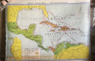 Vintage Rare School Wall Map Denoyer Geppert Hispano America Map 1955