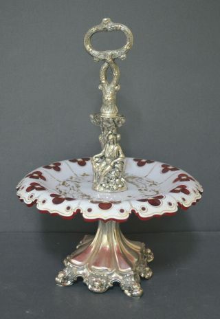 Antique Bohemian Carved Glass Solid Silver Fruit Bowl Center Piece