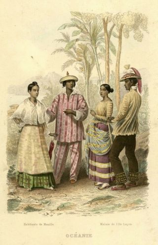 Philippines,  People In Costumes,  Coloured Steel Engraving From Ca.  1850