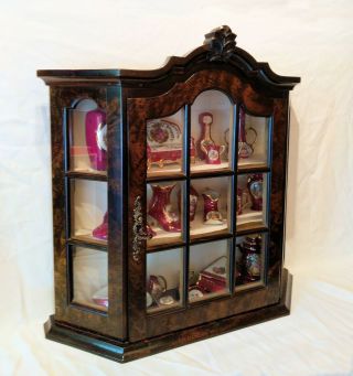 Curio Display Cabinet,  Black Walnut,  With 21 French Limoges Porcelain Miniatures