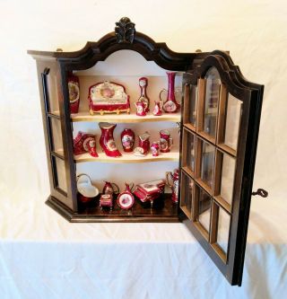 Curio Display Cabinet,  Black Walnut,  with 21 French Limoges Porcelain Miniatures 8