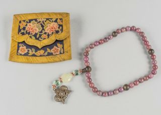 Chinese Antique Manchu Style Ruby Prayer Beads With Embroidered Purse