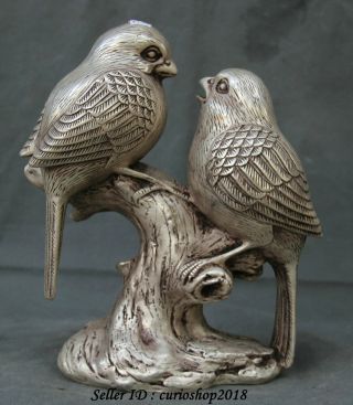 9 " Old China Dynasty Palace Fengshui Silver 2 Sparrow Bird Tree Statue Sculpture