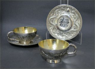 Fine Pair Antique Gilded Chinese Export Silver Cups Saucers Dragons Bamboo