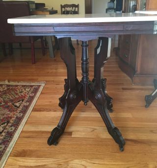 Victorian Eastlake Carved Dark Walnut And Marble Top Parlor Table