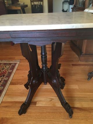 Victorian Eastlake Carved Dark Walnut and Marble Top Parlor Table 2