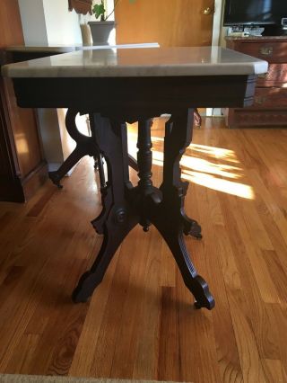 Victorian Eastlake Carved Dark Walnut and Marble Top Parlor Table 5