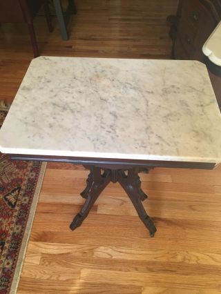 Victorian Eastlake Carved Dark Walnut and Marble Top Parlor Table 6
