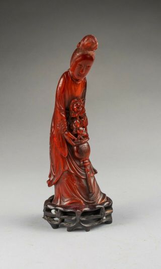 Chinese Antique Carved Horn Figure Of Lady With Wood Stand,  1890 - 1930