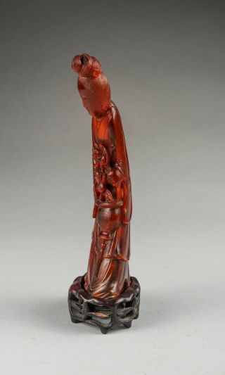 Chinese Antique Carved Horn Figure Of Lady With Wood Stand,  1890 - 1930 2