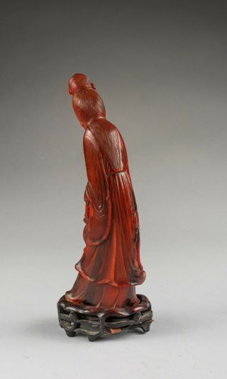 Chinese Antique Carved Horn Figure Of Lady With Wood Stand,  1890 - 1930 3