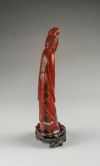 Chinese Antique Carved Horn Figure Of Lady With Wood Stand,  1890 - 1930 4