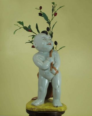 A Naked Chinese Boy Porcelain Flower - Receptacle Child Holding A Big Fish