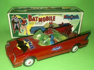 Batman Batmobile Mib 12 " Battery Operated Cien Ge Red Cien Ge Doorlogo 1966