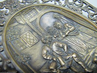 Antique Pin Trinket Tray Evil Mans Head Pub Tavern Scene Bronze Brass Ornate 11