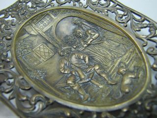 Antique Pin Trinket Tray Evil Mans Head Pub Tavern Scene Bronze Brass Ornate 12